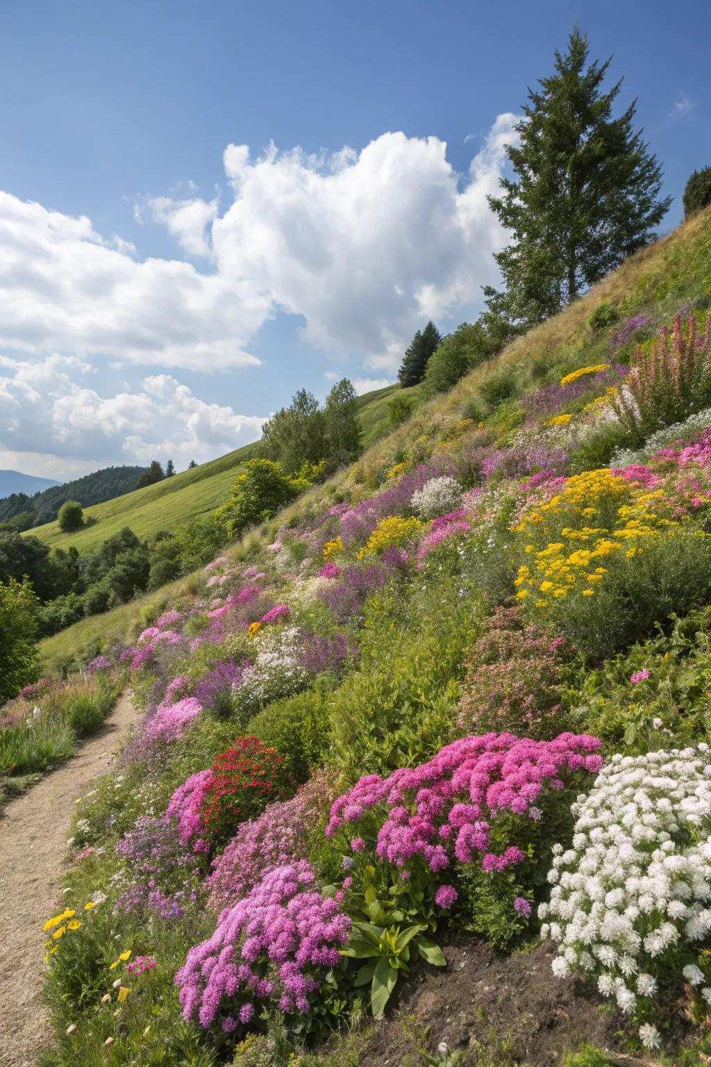 Mixed perennials present seasonal color variations on hillsides.