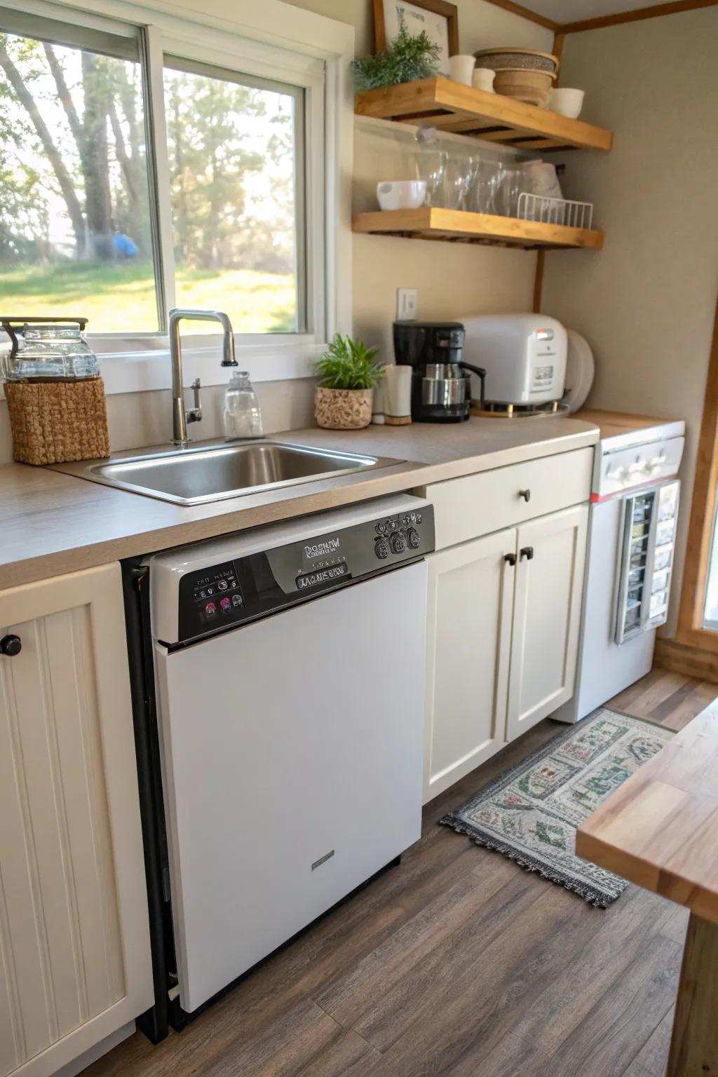 Mobile countertop dishwashing machine for versatile cooking area benefit.
