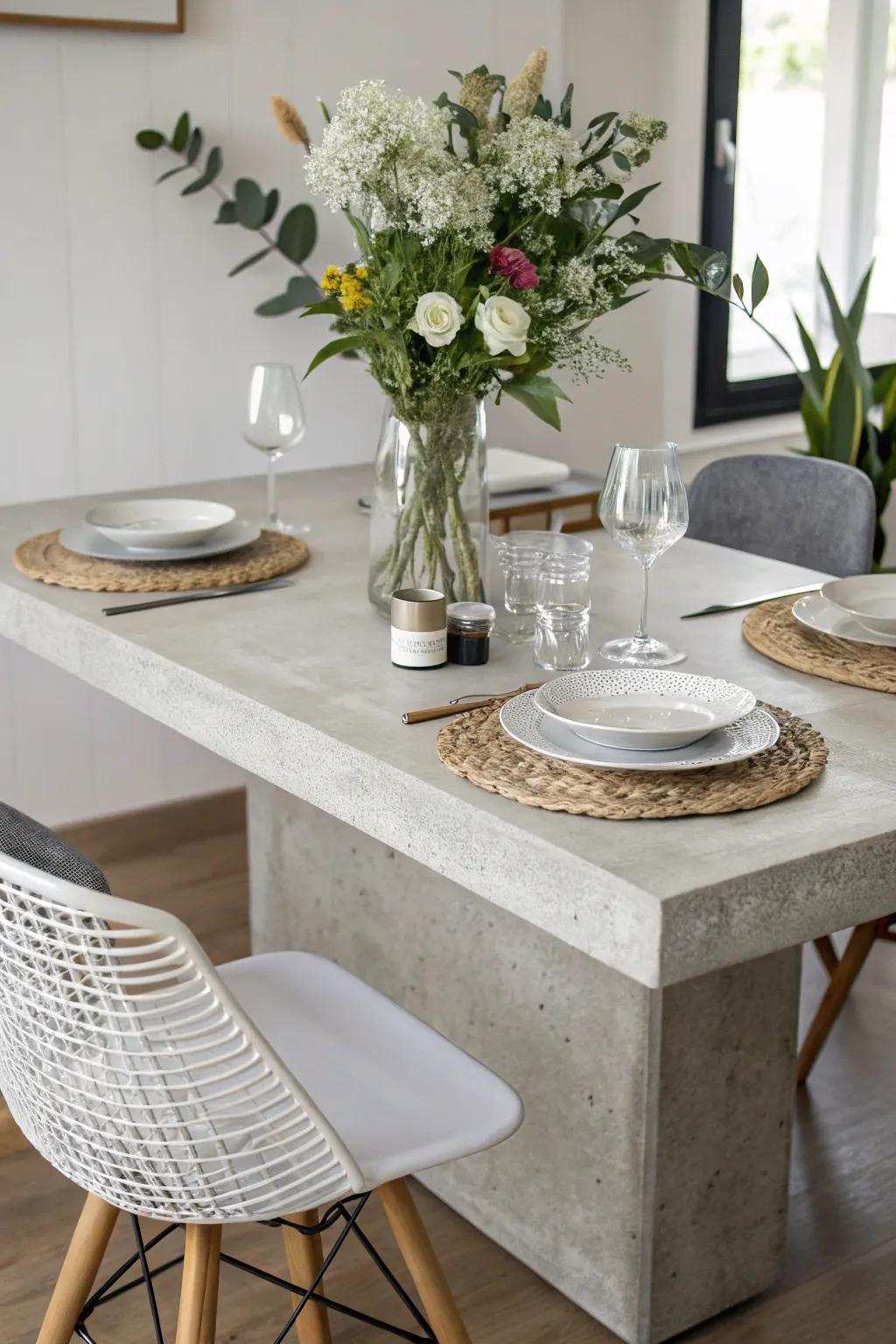 Modern and minimalistic using a cement slab centerpiece base.