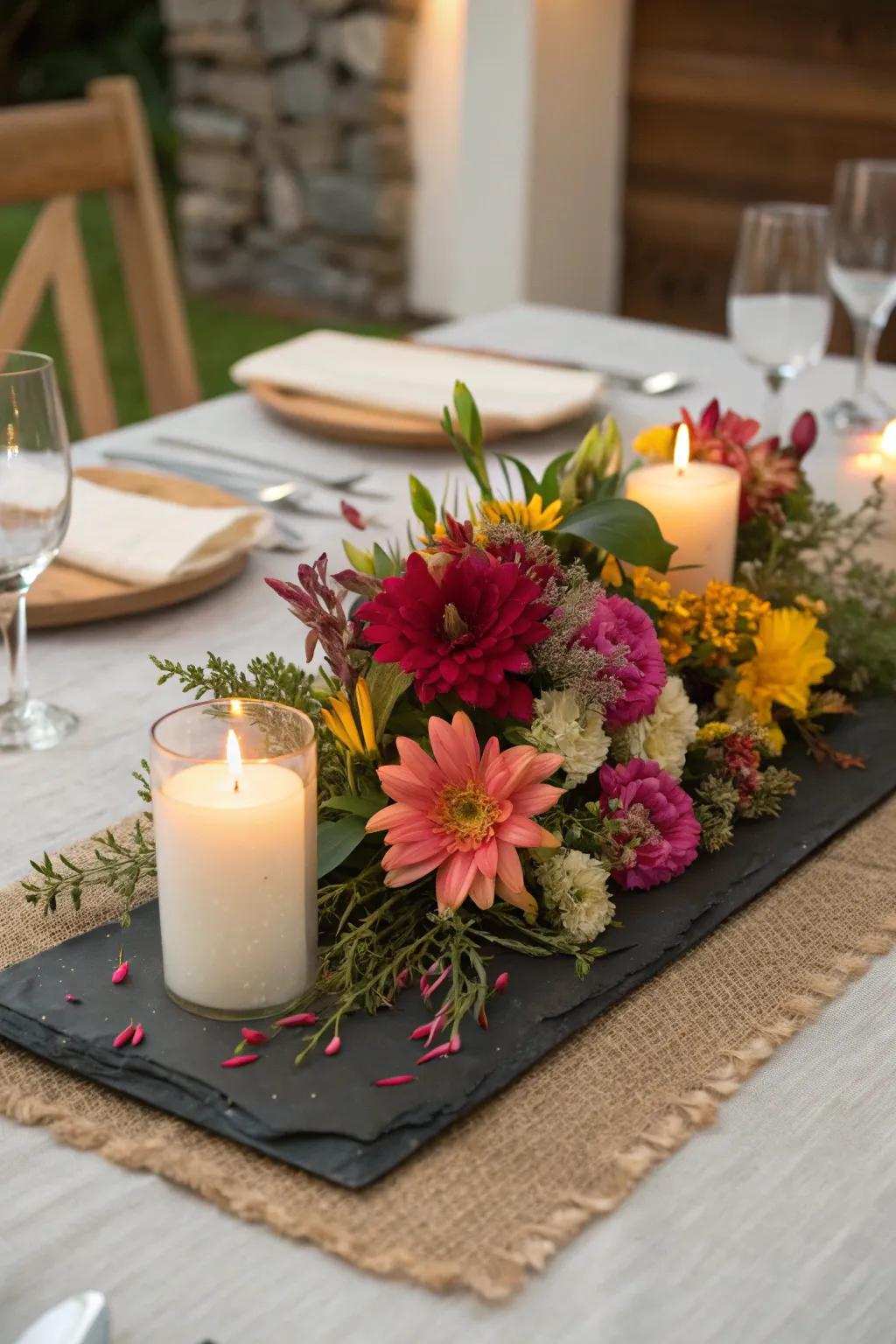 Modern refinement using a slate slab centerpiece base.