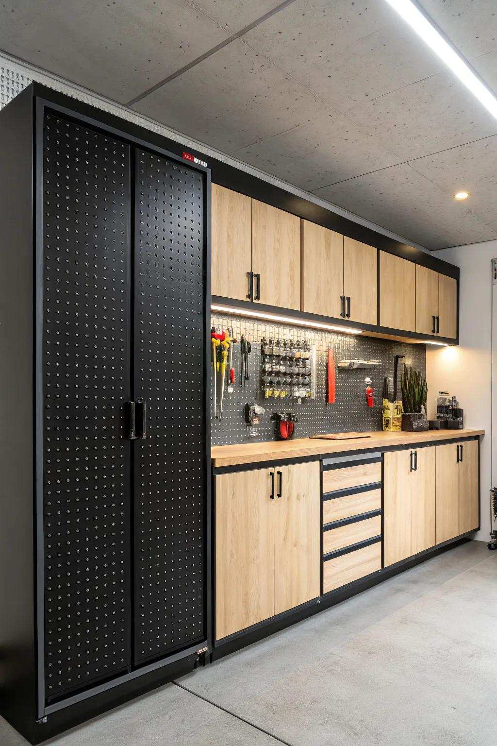 Modernize your garage through elegant gliding pegboard entryways, merging style with utility.