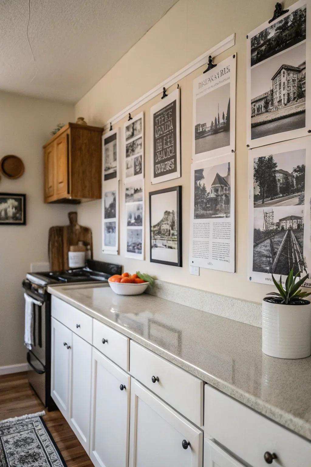 Monochrome posters for a contemporary and sophisticated kitchen atmosphere.