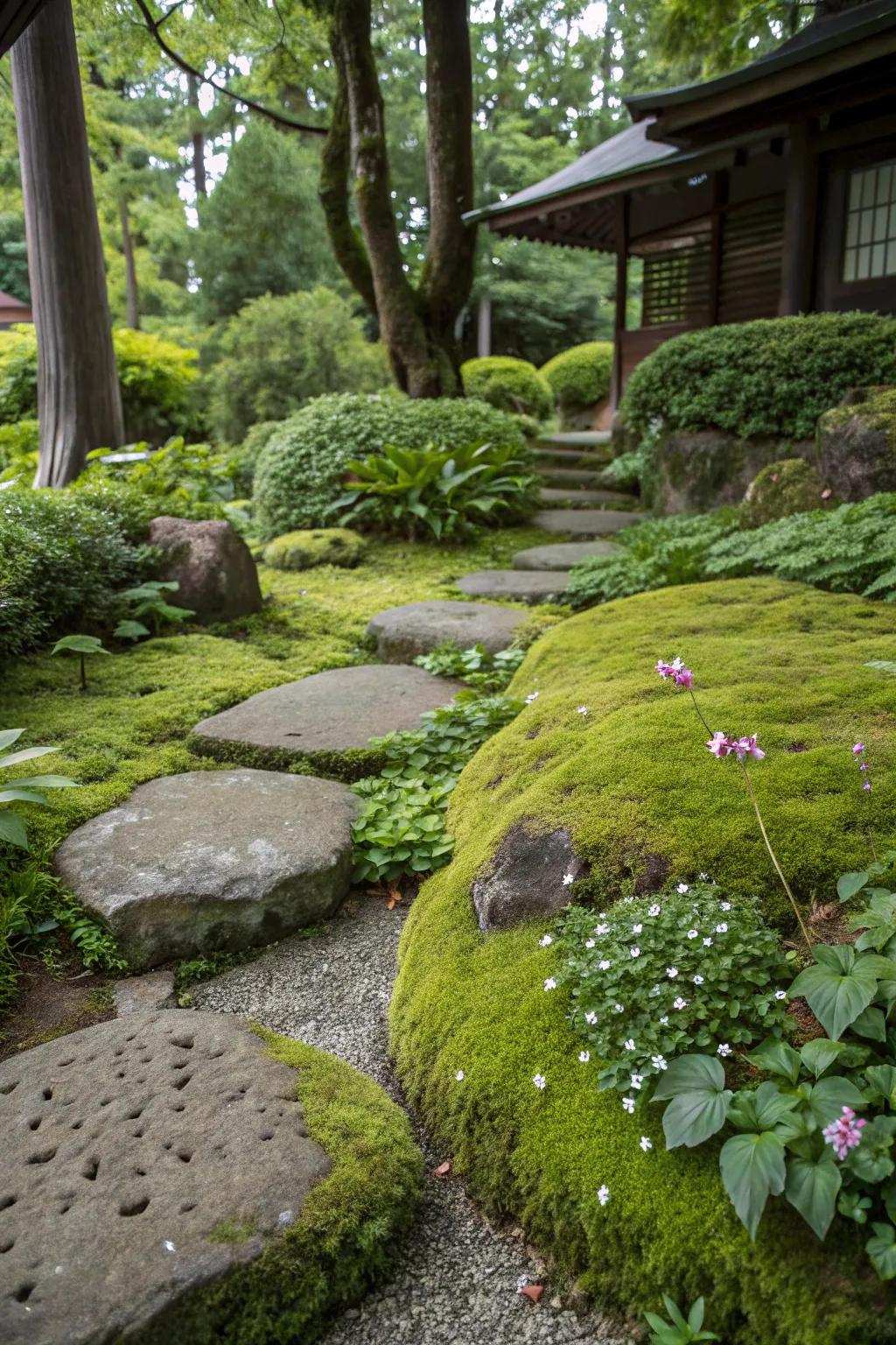 Moss-wrapped rocks that create a woodland atmosphere.