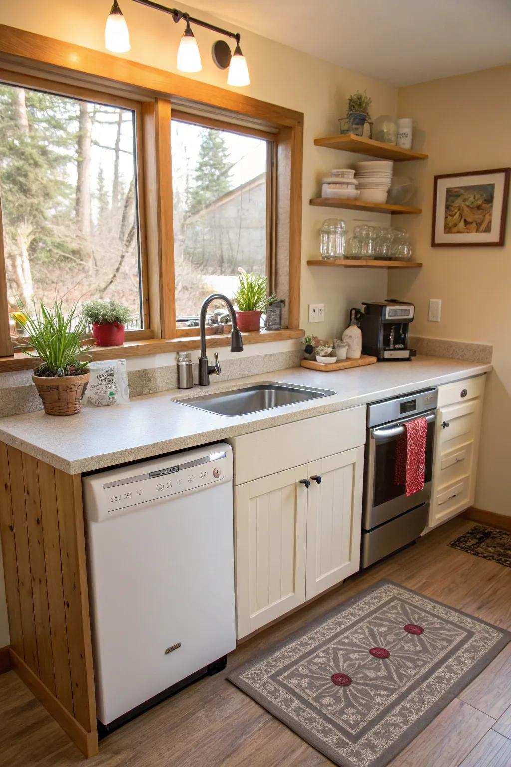 Multi-functional counter area with integrated dishwashing machine.