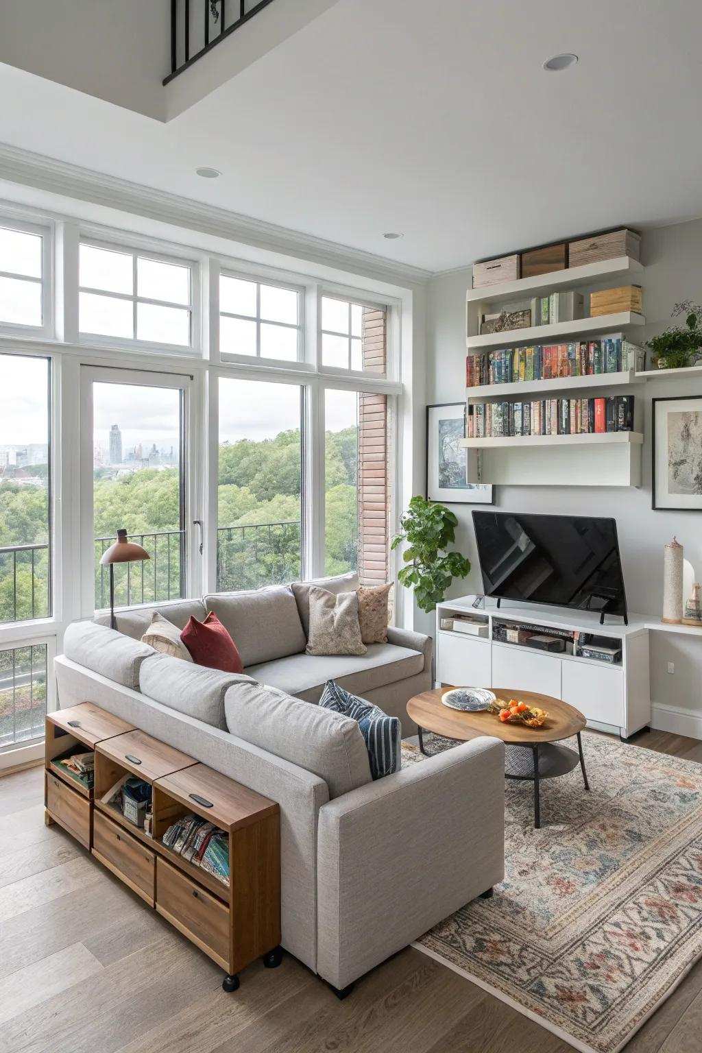 Multi-purpose furnishings sustain the living space's organization.