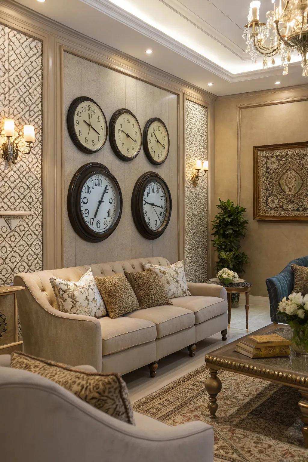 Multiple clocks showing different global times introduce a cosmopolitan touch.