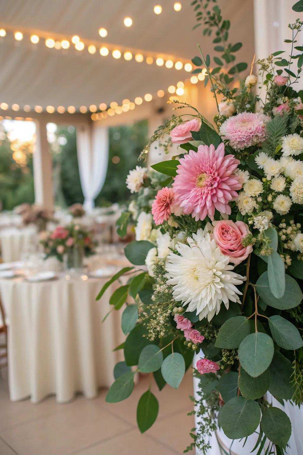 Mums adding dimension and substance to a wedding arrangement.