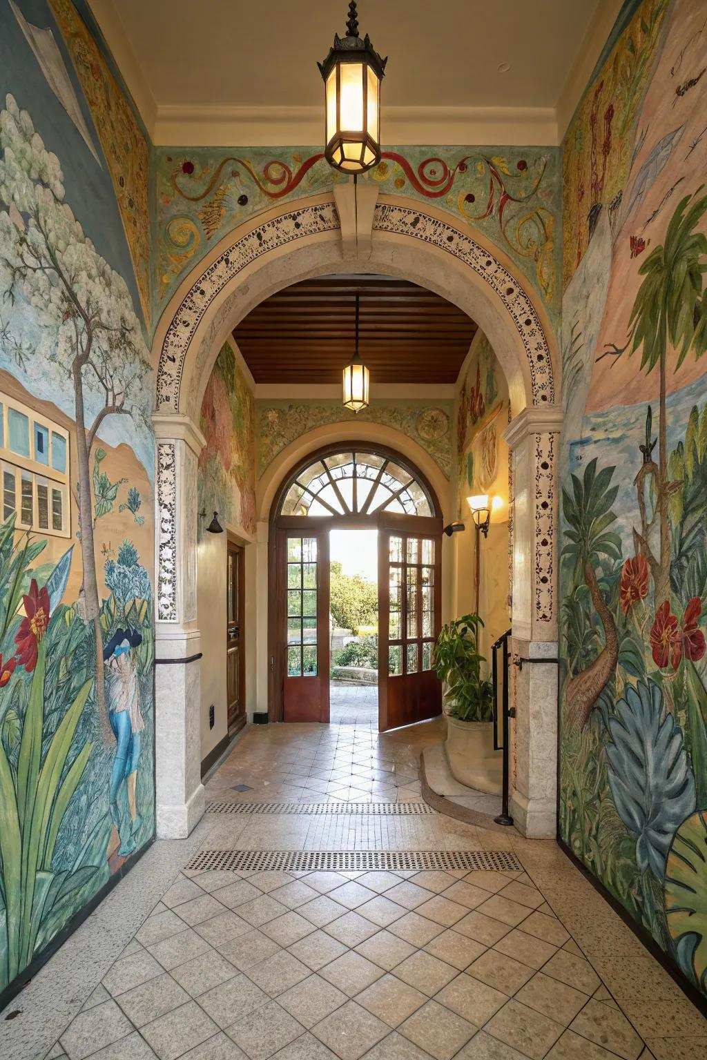 Mural decorative wall treatments turn the entryway into an artistic masterpiece.