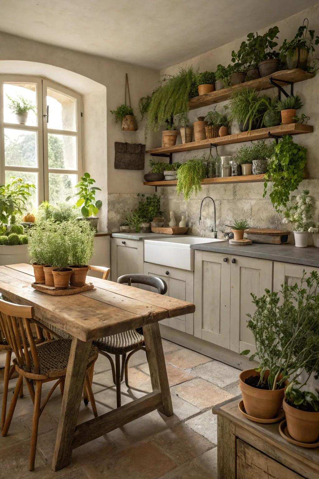 Natural accents introduce freshness to a kitchen without windows.