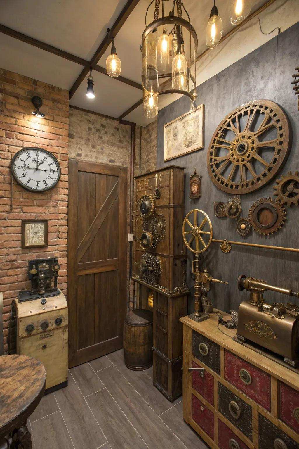 Natural and metal hues set the stage for this cozy steampunk interior.