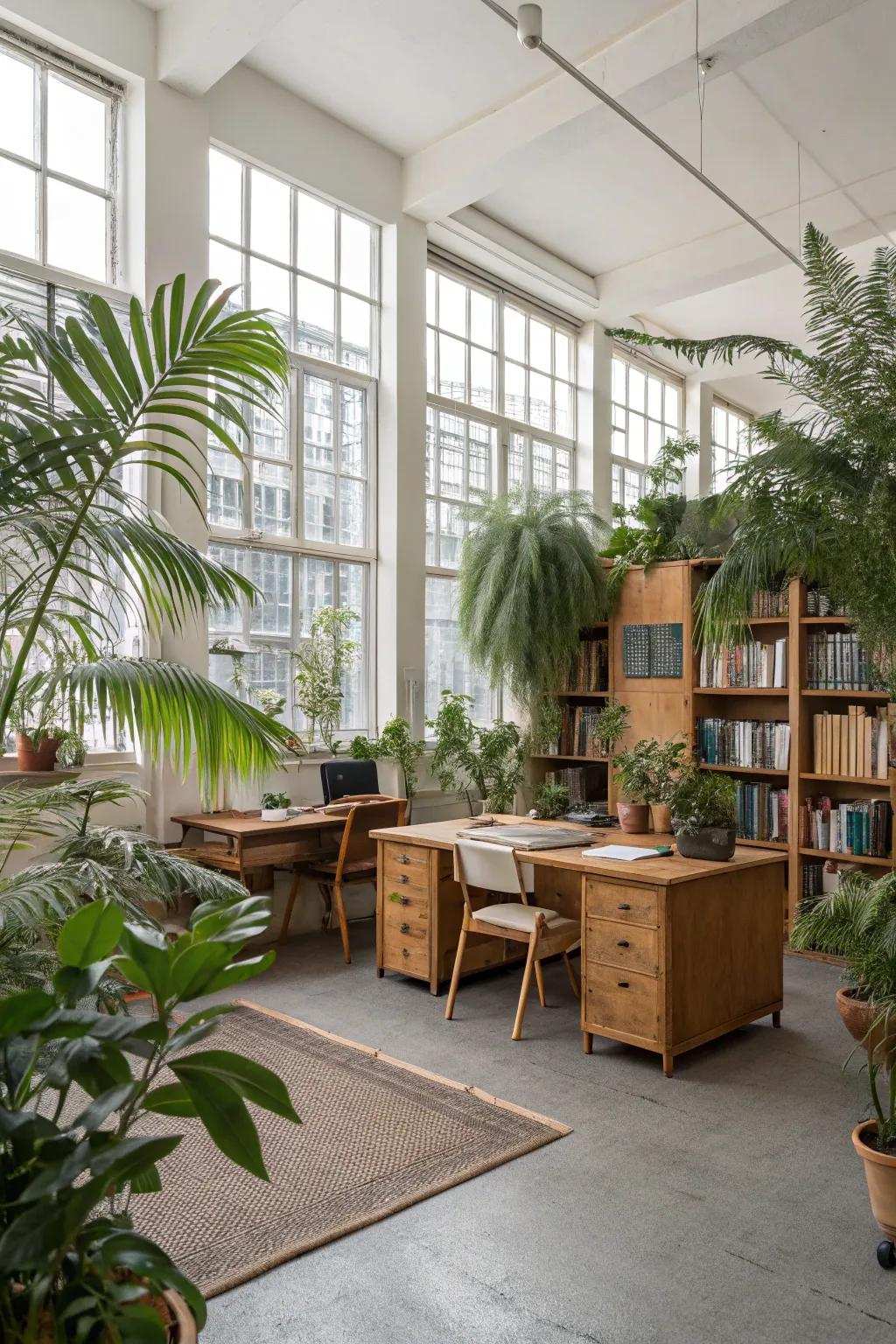 Natural aspects introduce a sense of calm and freshness to the office.