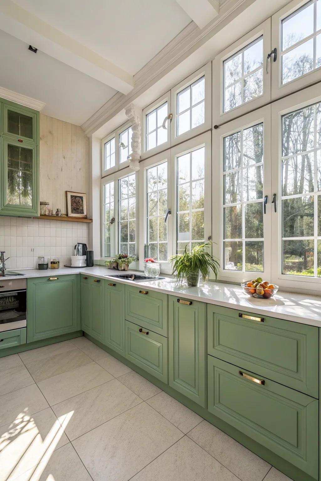 Natural illumination heightens the beauty of green kitchen cabinets.