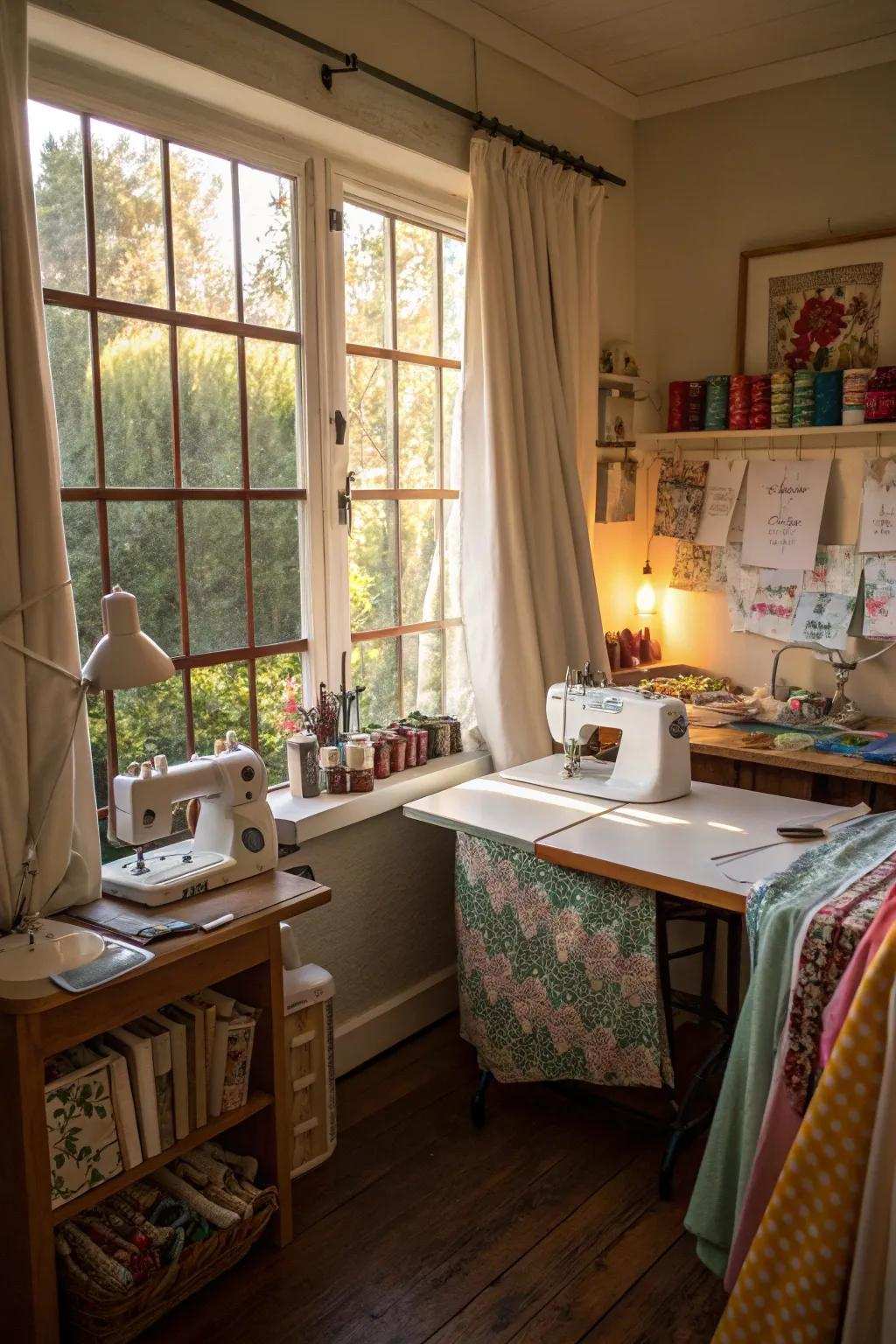 Natural light enhances the sewing environment.