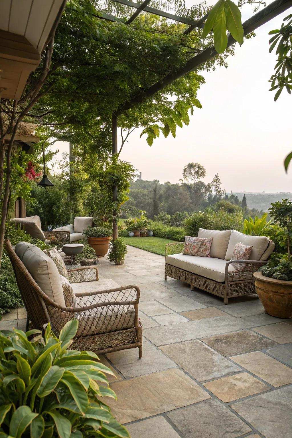 Natural rock tiles contribute extravagance and timeless charm to patios.