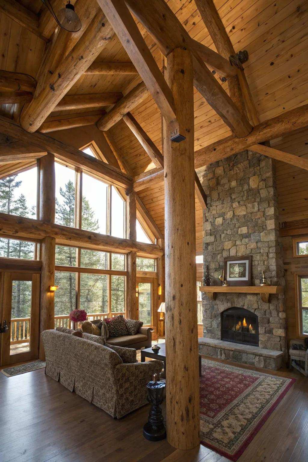 Natural wood pillars bringing a sense of warmth and character to a cabin-inspired living space.
