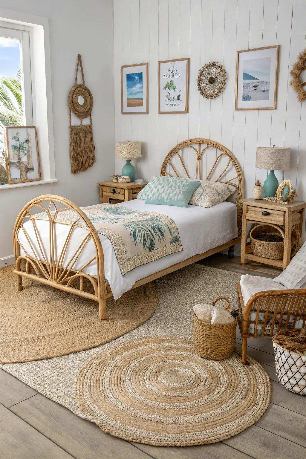 Nature-inspired materials like cane and sisal create a cozy and inviting setting.