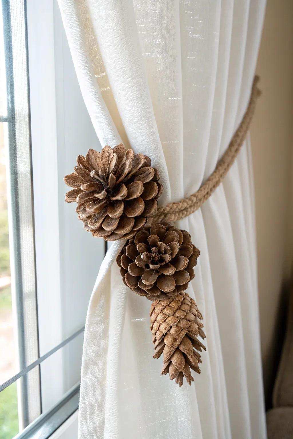 Nature-inspired sophistication: Transform your drapes with handcrafted pinecone floret fasteners.