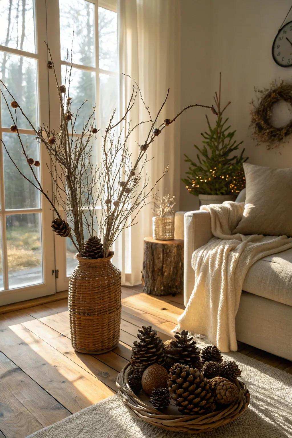 Nature-inspired Yule ornamentation with limbs and cones.
