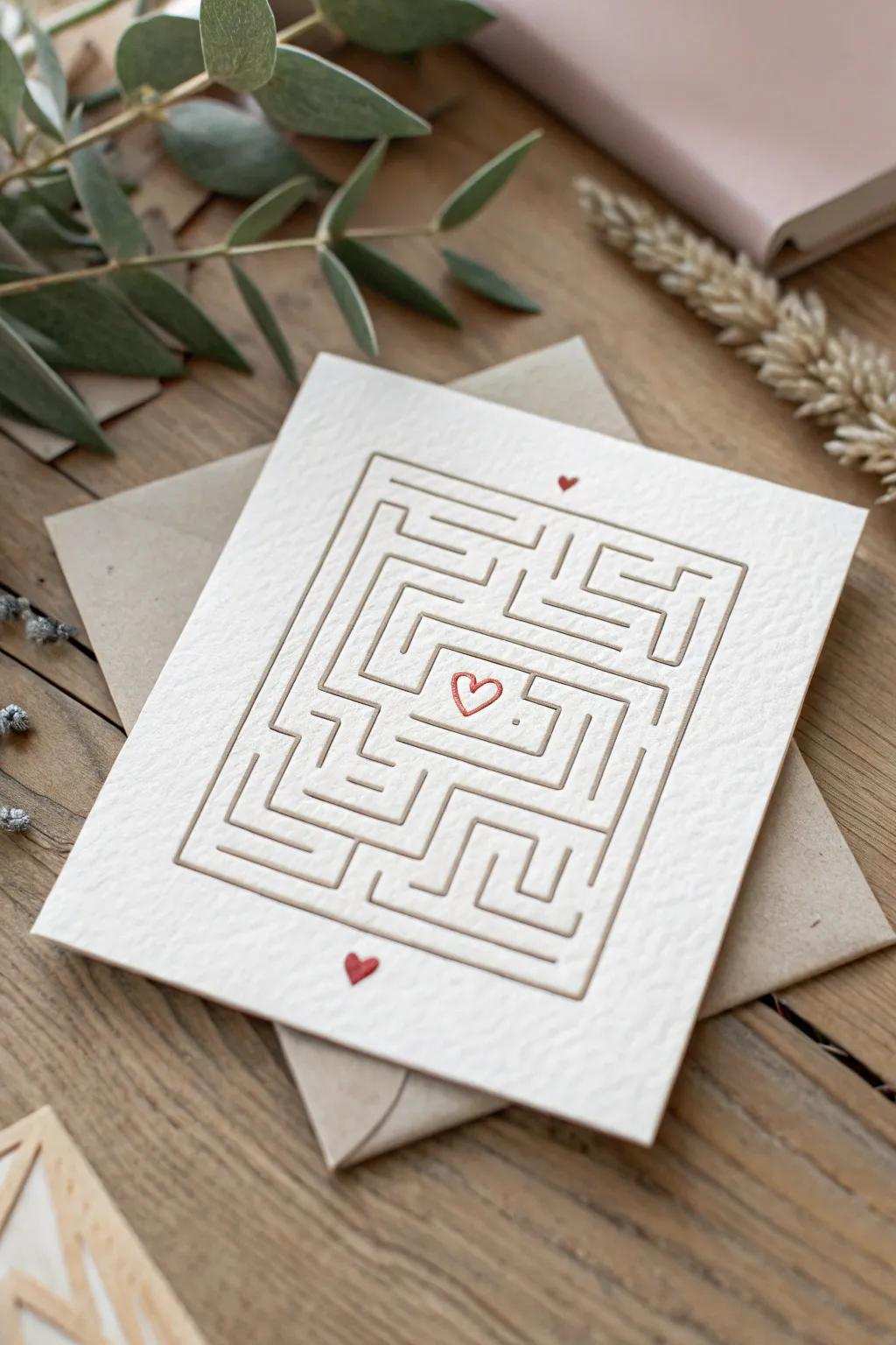 Navigate your pathway to affection this Valentine's Day using a handcrafted labyrinth card that captures simplicity and heart.