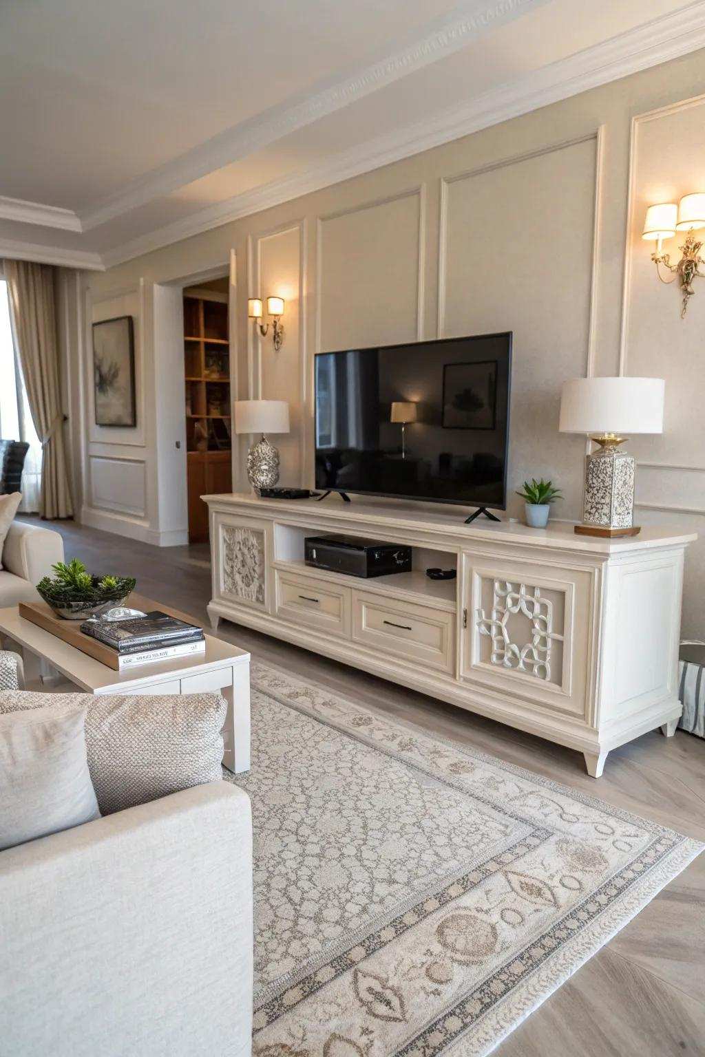 Neutral colored TV stand for a calming space.