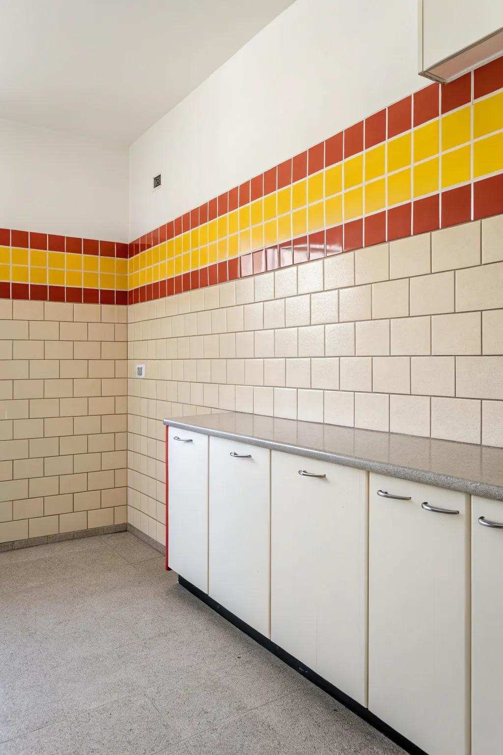 Neutral tiles complemented by a striking accent stripe inject a playful dash of color into this minimalist kitchen.