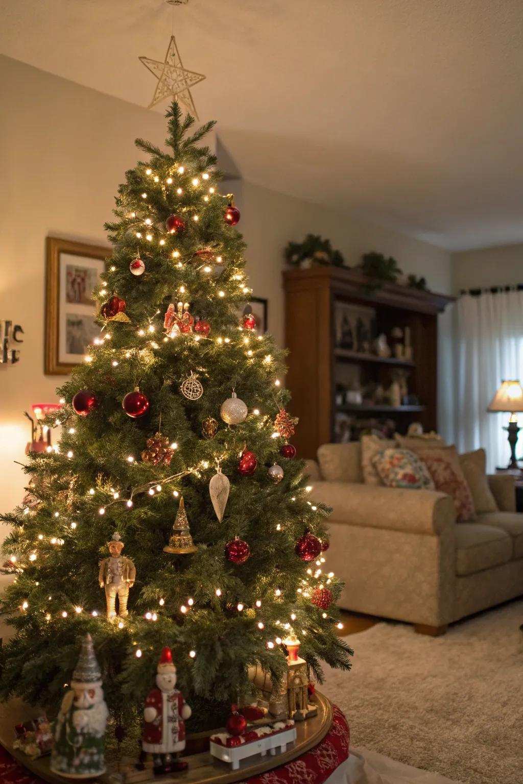 Nostalgic displays bring storytelling to this vintage tree.