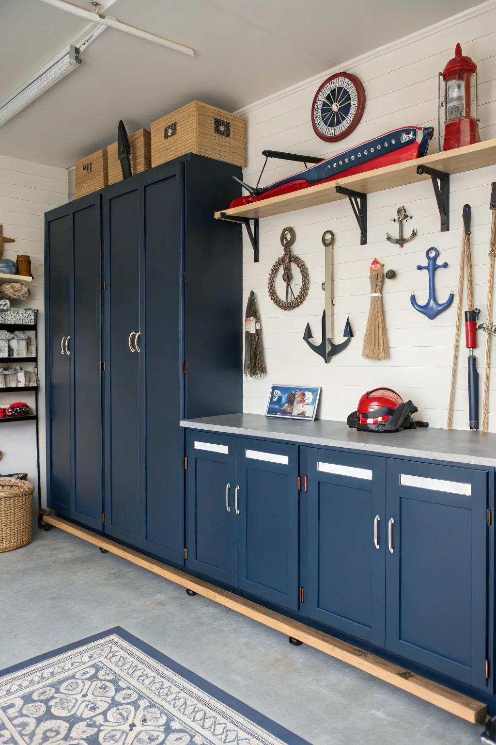 Ocean blue organizers bring about a coastal charm to this garage.
