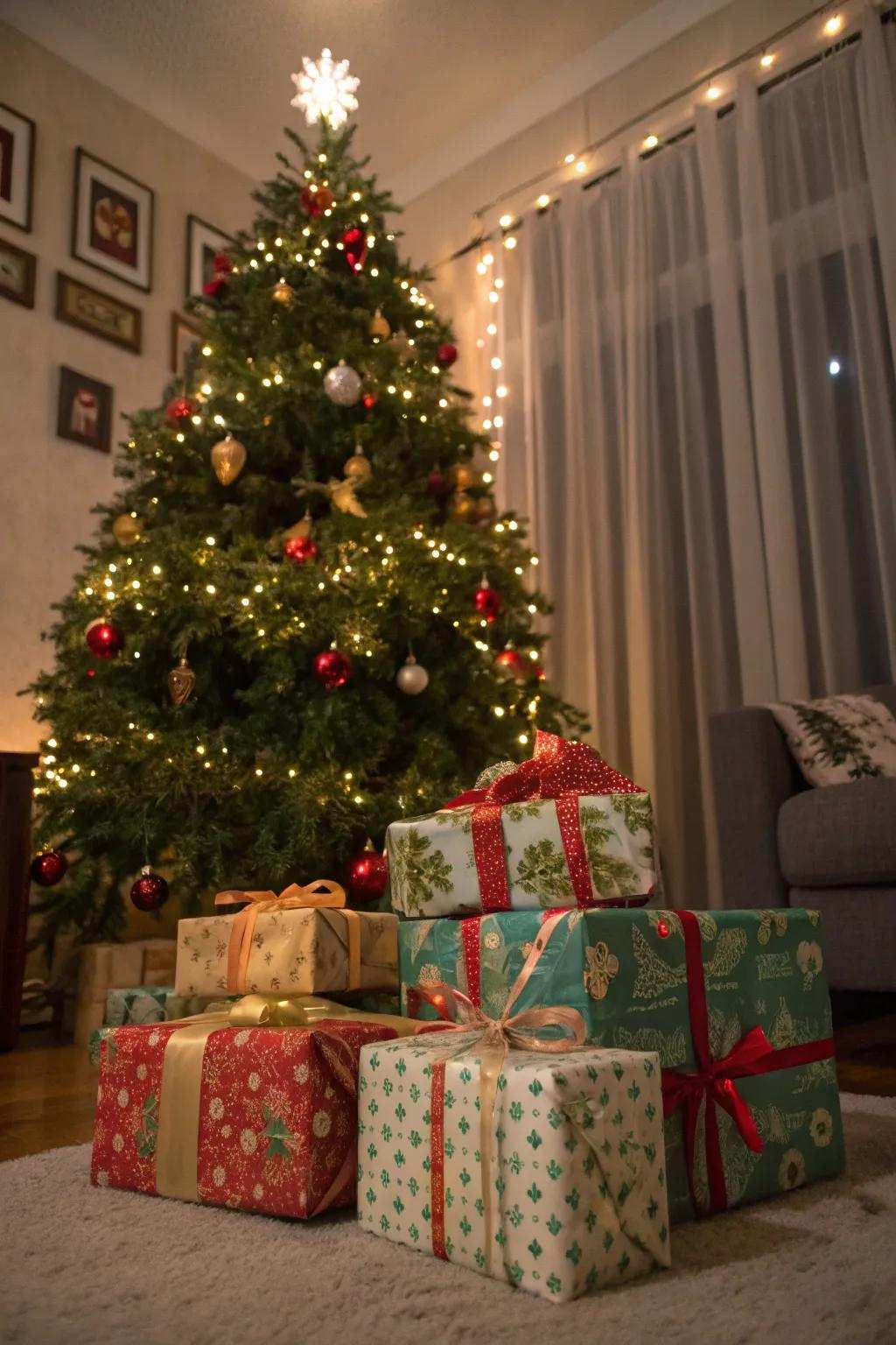 Offerings impeccably arrayed beneath a quintessential celebration tree.