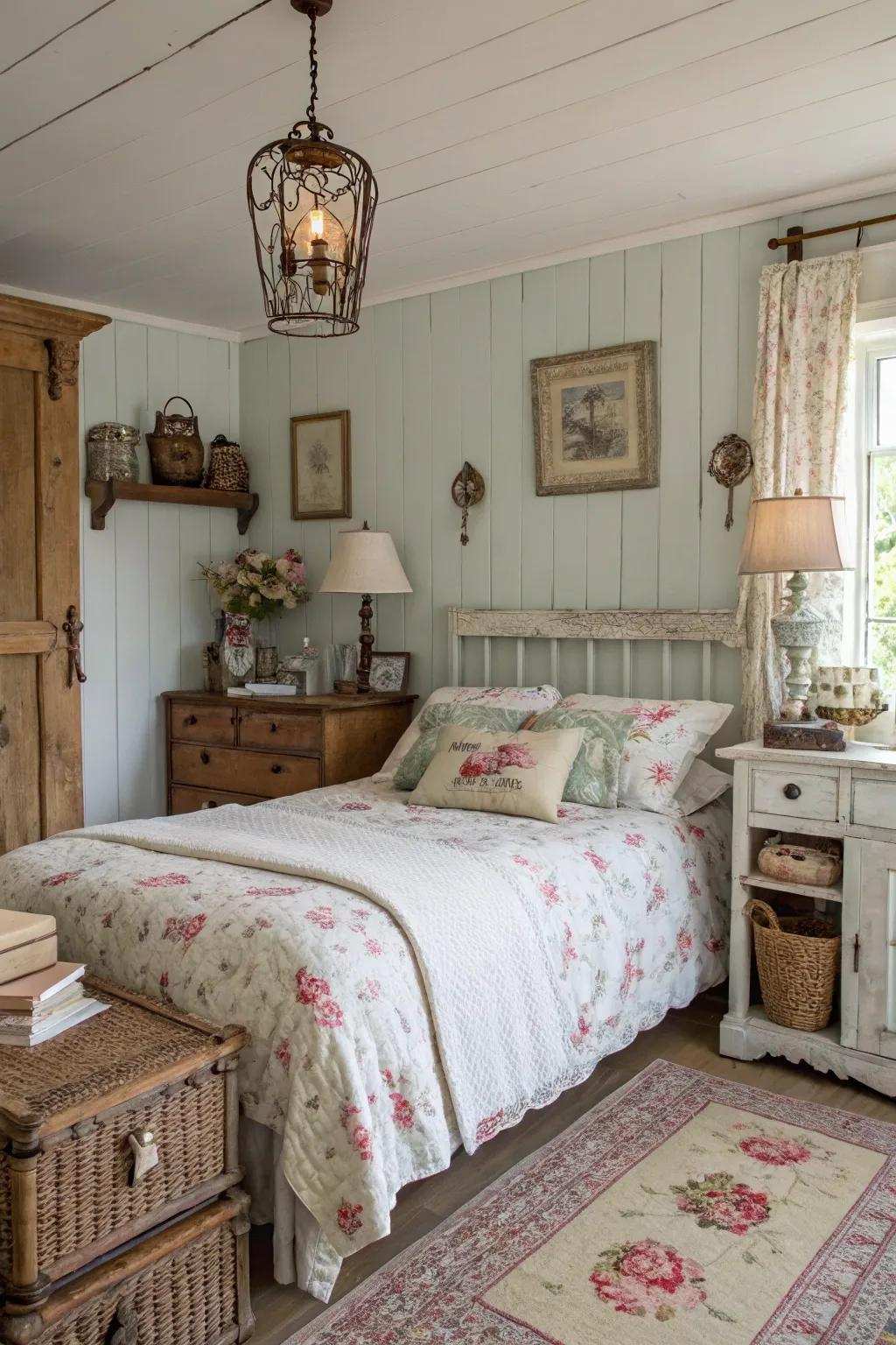 Old-fashioned charm featuring distressed elegant decor within a farmhouse bedroom