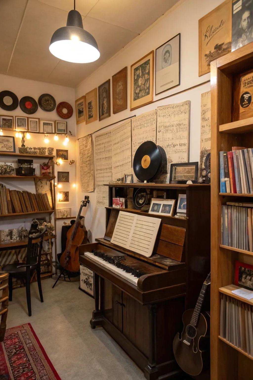 Old pieces give the music room charm.