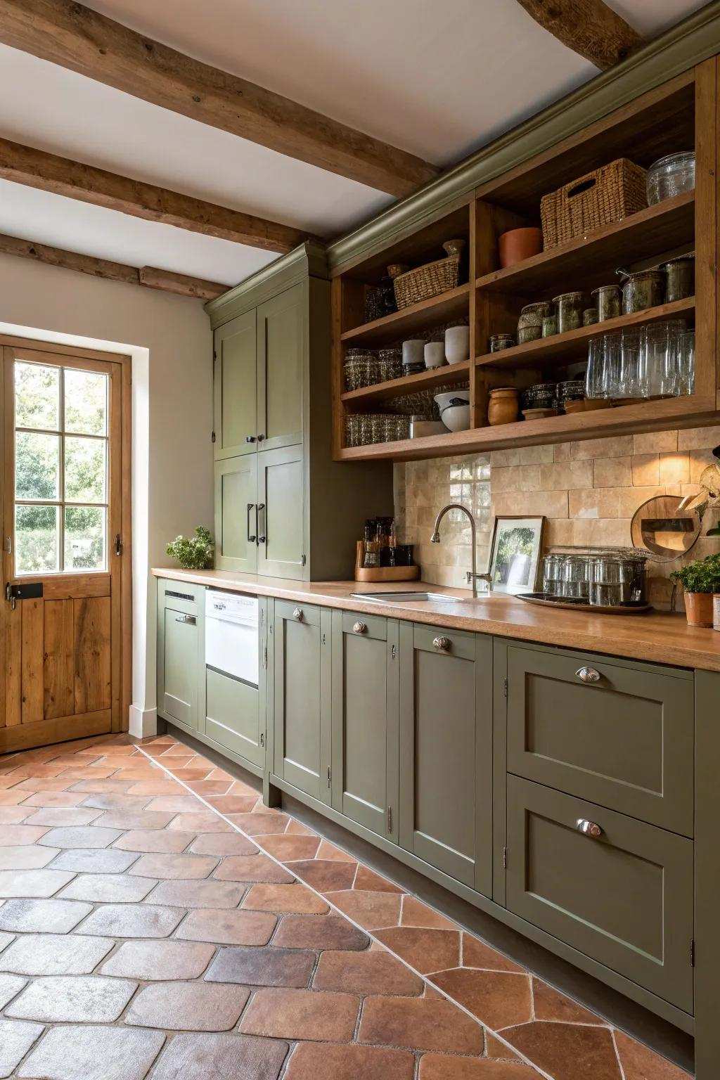 Olive green cabinets instill warmth and earthiness into the kitchen.