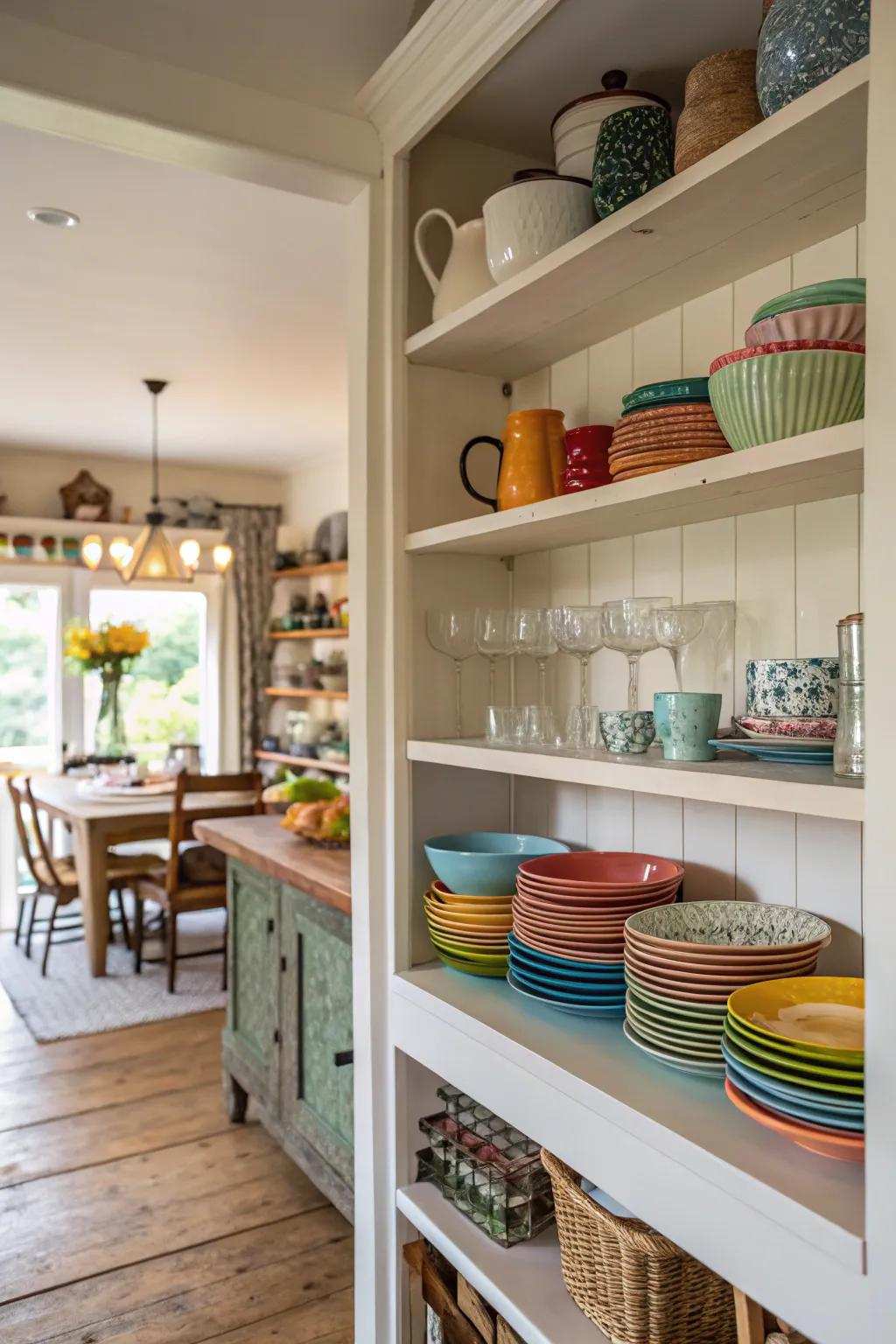 Open racks introduce an airy feel to a kitchen lacking windows.
