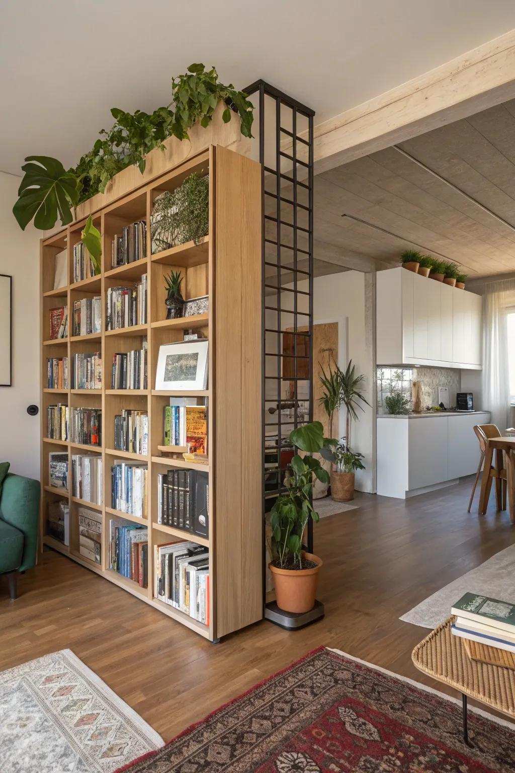 Open shelves for books act as a stylish and helpful separator.