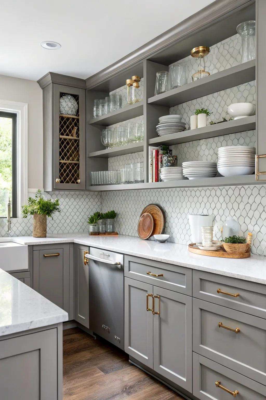 Open shelves incorporate charm and practicality to gray cabinets.