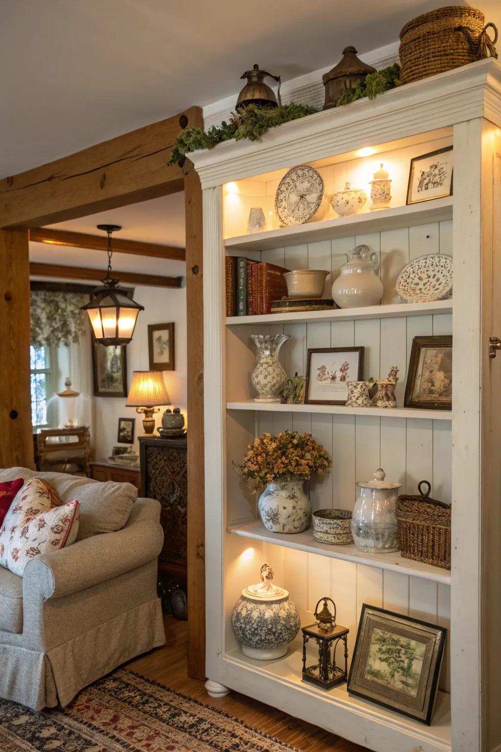 Open shelves presenting a mix of vintage finds and seasonal decorative items.