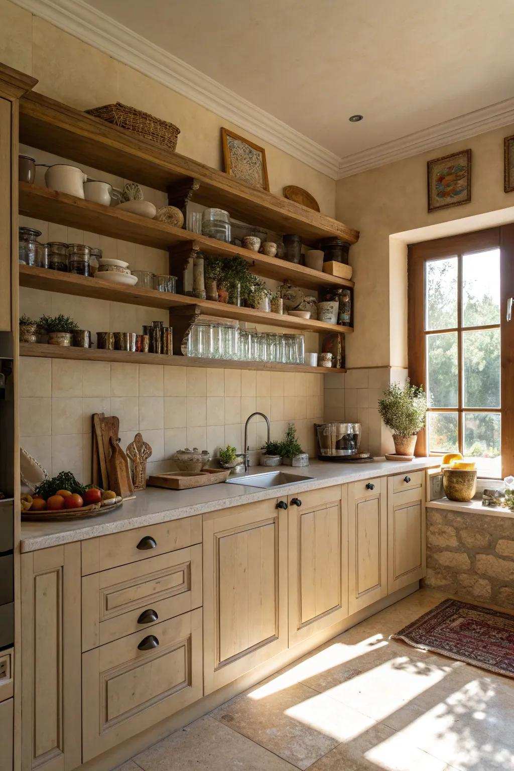 Open shelving allows for personalization and practicality.