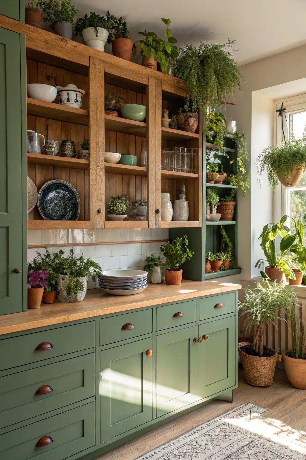 Open shelving alongside green cabinets creates an airy kitchen atmosphere.