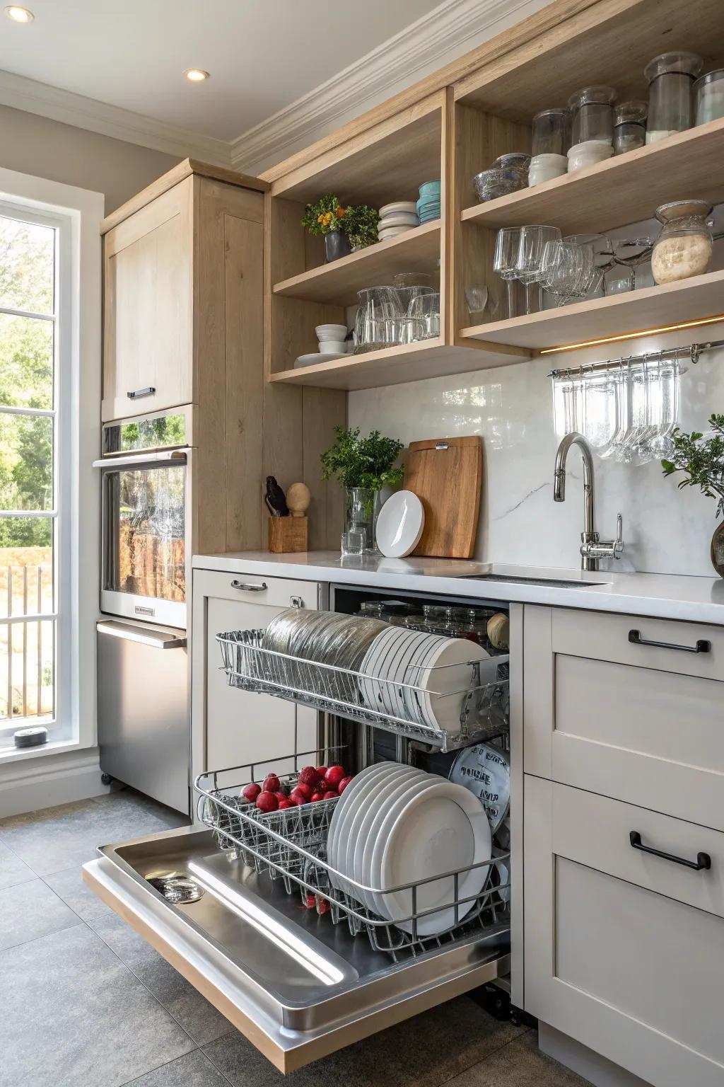 Open shelving provides simple access to meals and cooking area things.