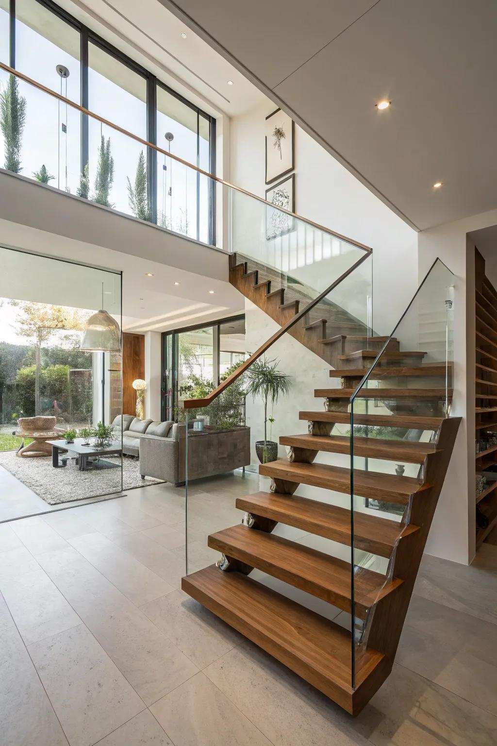 Open wood stairs paired with transparent railings create an elegant, airy aesthetic.