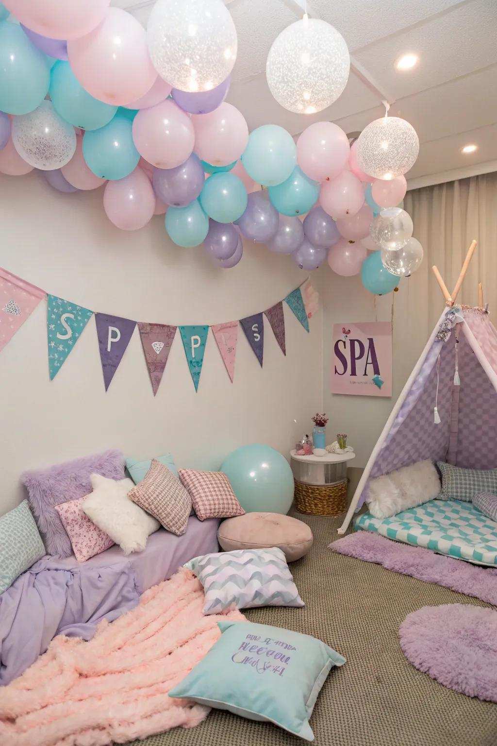 Orbs and banners contribute a celebratory element to the spa slumber party setting.