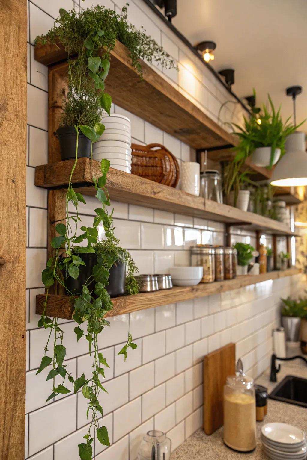Organic elements, including wooden shelves and plants, accentuate this tiled kitchen wall.