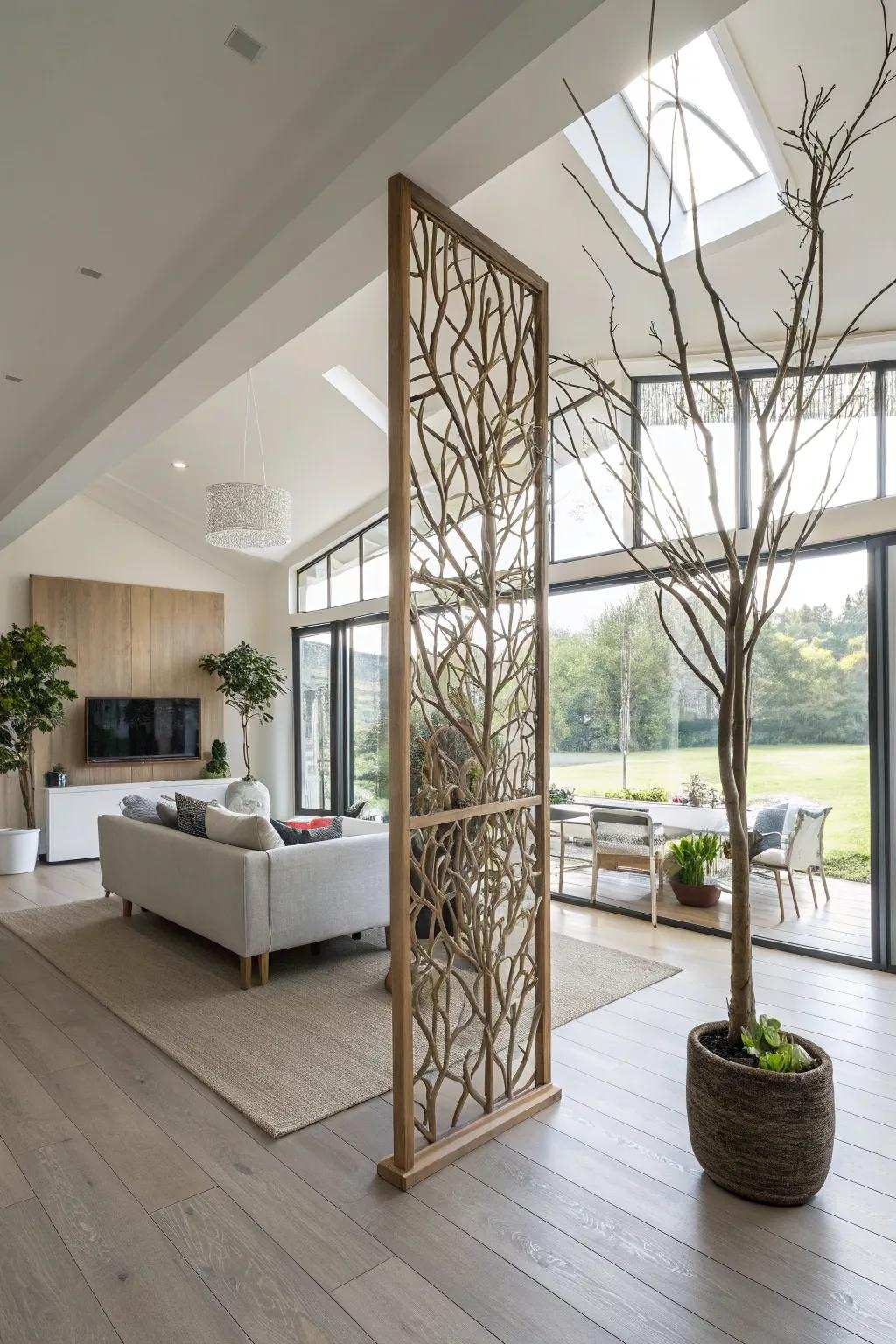 Organic space divider fashioned from tall branches.