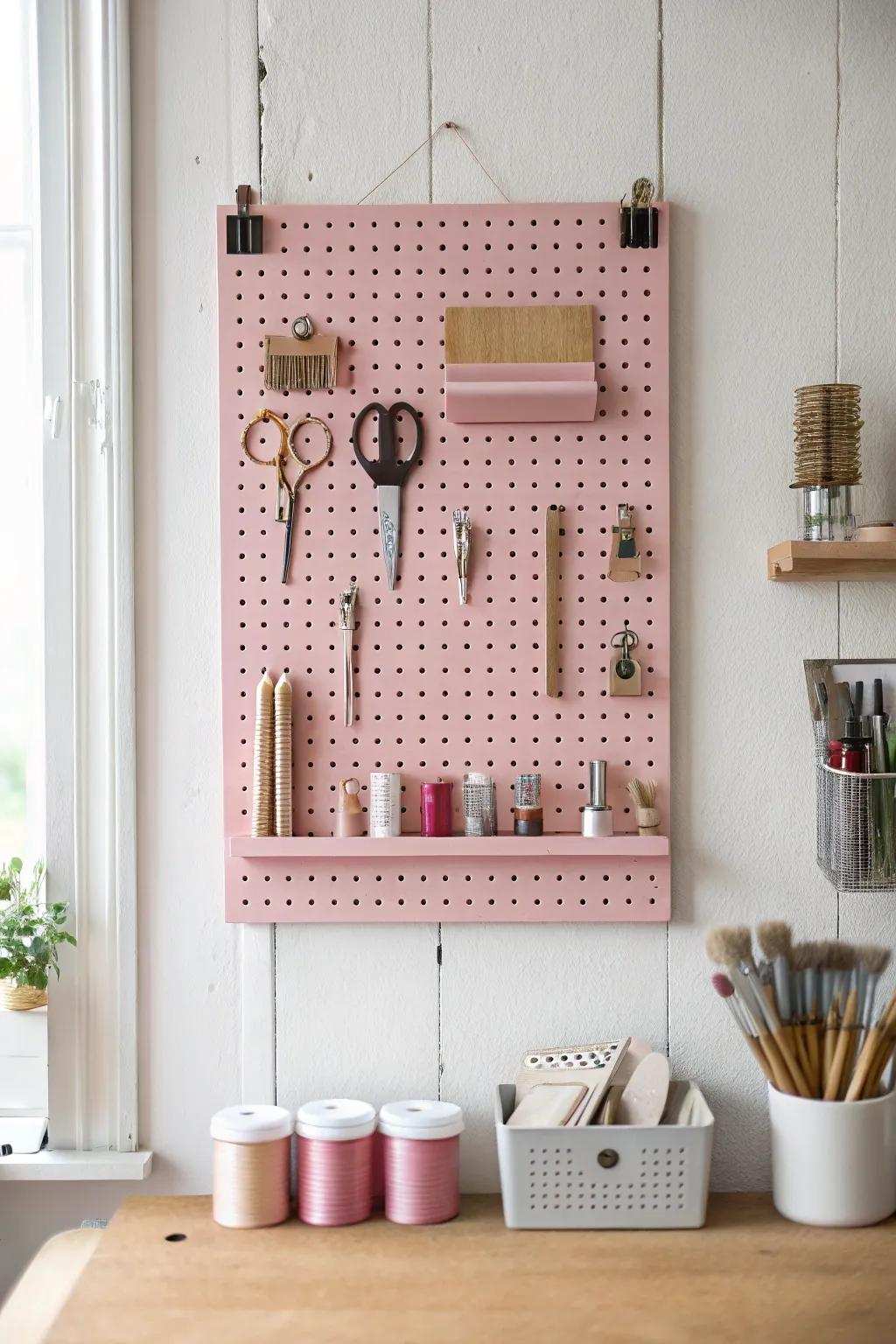 Organize stylishly: this rose-tinted pegboard infuses appeal and usefulness to any crafting space!