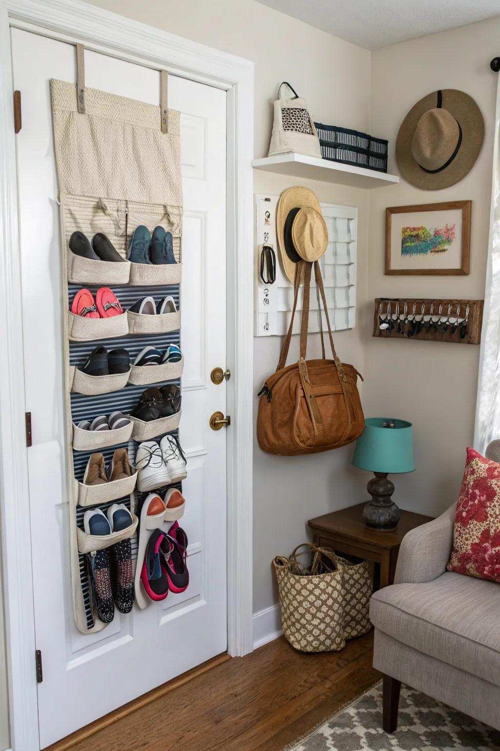 Organizers attached to the door make the most of unused space.
