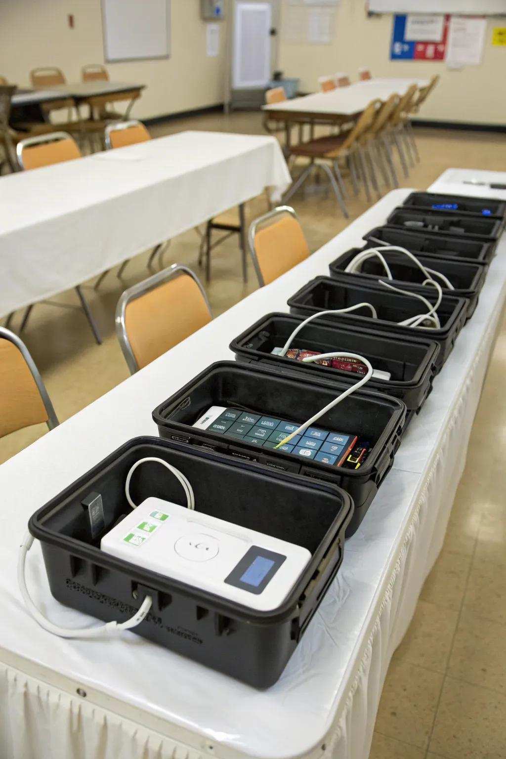 Organizers exhibiting charging apertures intended for tech-amicable instructional settings