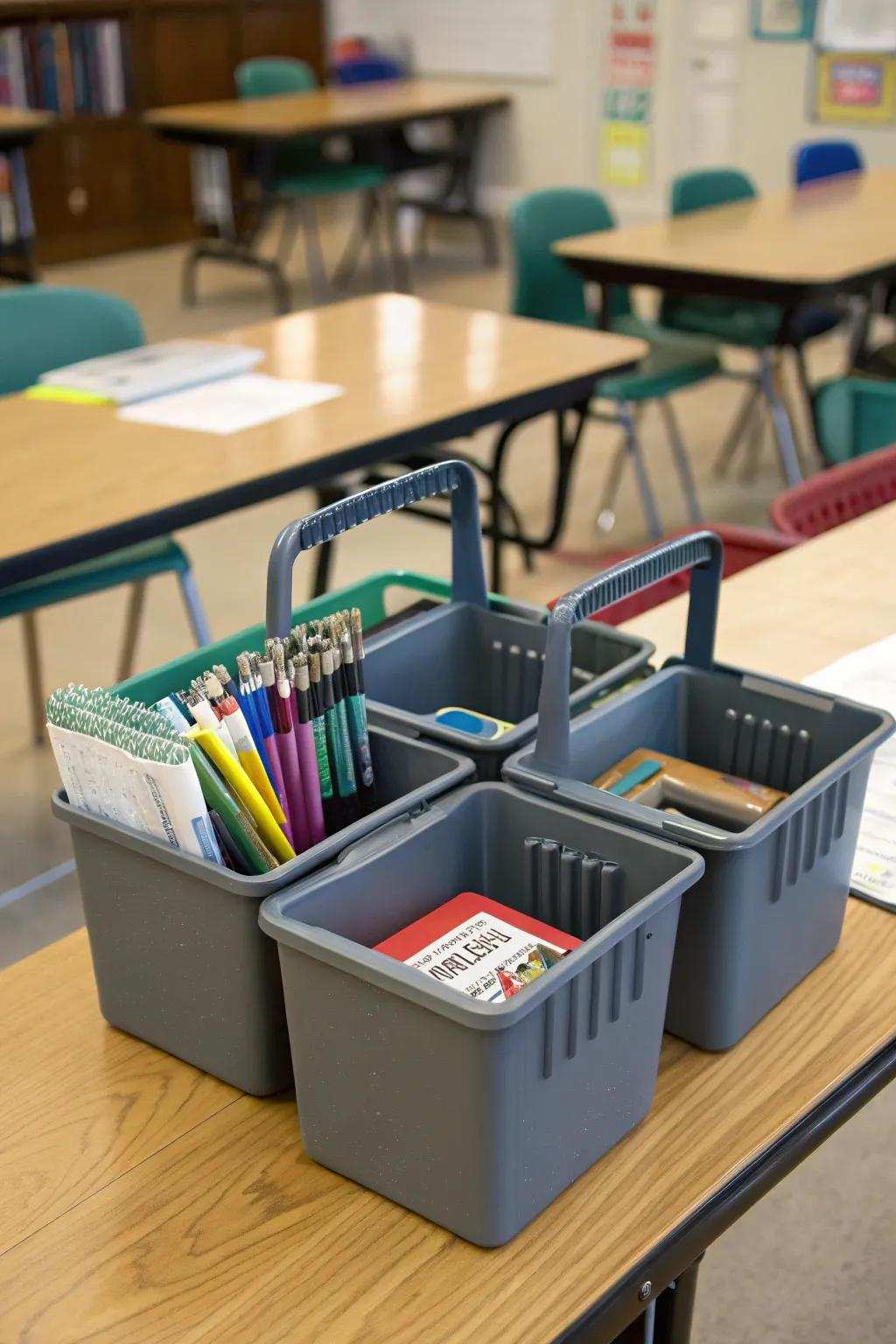 Organizers exhibiting handles for facile mobility within the learning space