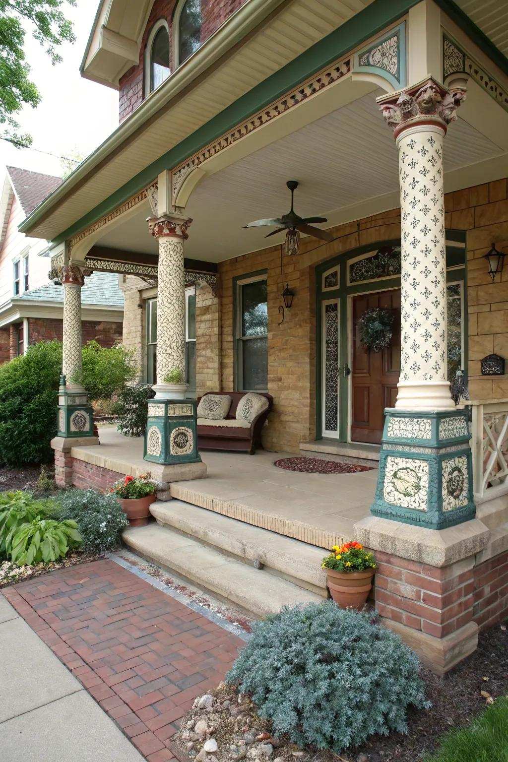 Ornamental porch pillars transforming a home's entrance into a personal expression.