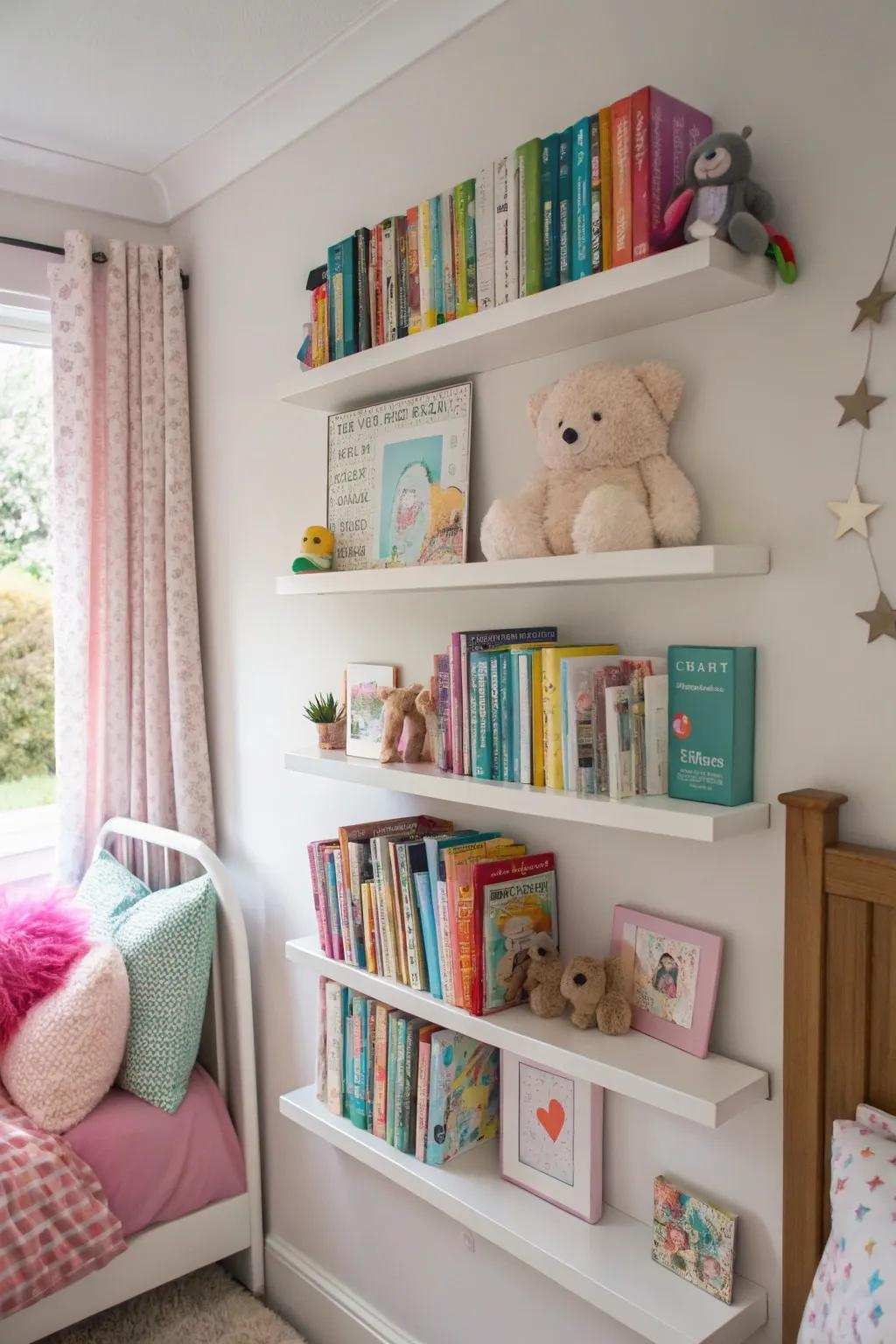 Ornamental shelving consolidates function and appeal.