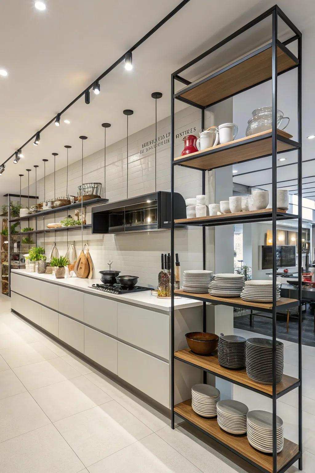 Overhanging shelving affords discreet divisions in open culinary spaces.