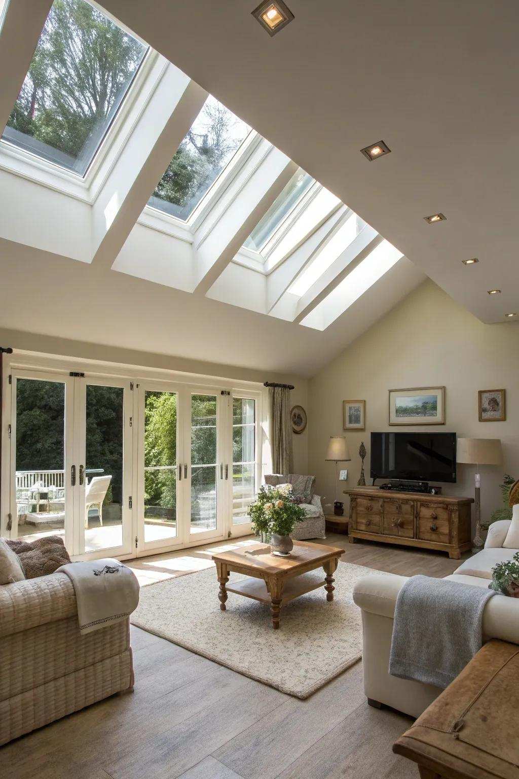 Overhead windows brighten a raised ceiling living space, resulting in a luminous and airy environment.